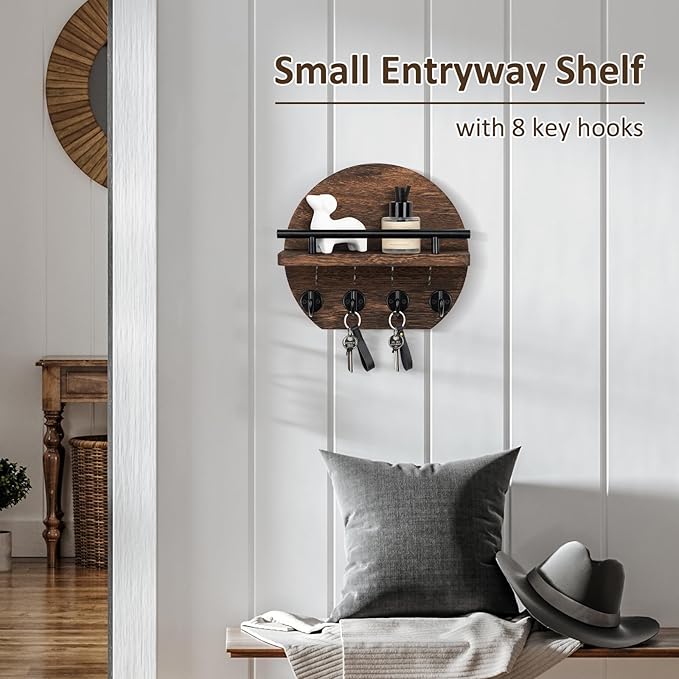 Nekon Key Holder for Wall - 9.8 Inch Apartment Wall Decor with Shelf and 8 Key Hooks, Circular Wood Key Hanger for Home Decor