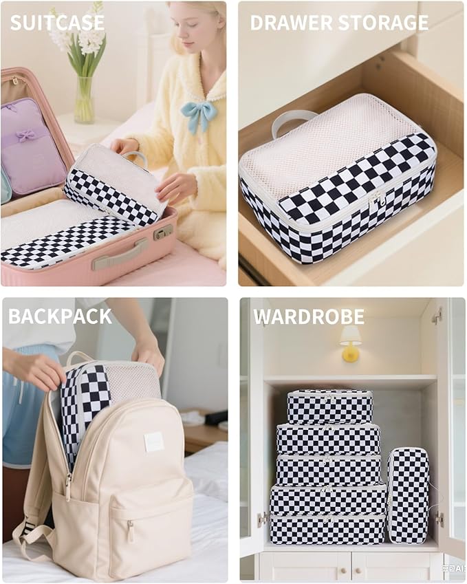 Narwey 7 Set Checkered Packing Cubes for Travel Carry on Suitcase Luggage Organizer Bags for Kids Women Men, Durable Packing 