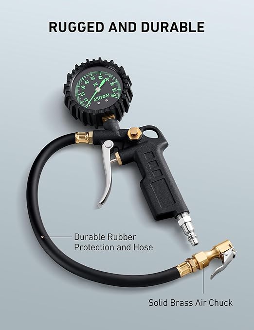 AstroAI Tire Pressure Gauge with Inflator, 100 PSI-ANSI B40.1 Accurate, Large 2.5" Easy Read Glow Dial, Heavy Duty Air Chuck and Compressor Accessories with Rubber Hose and Quick Connect Coupler