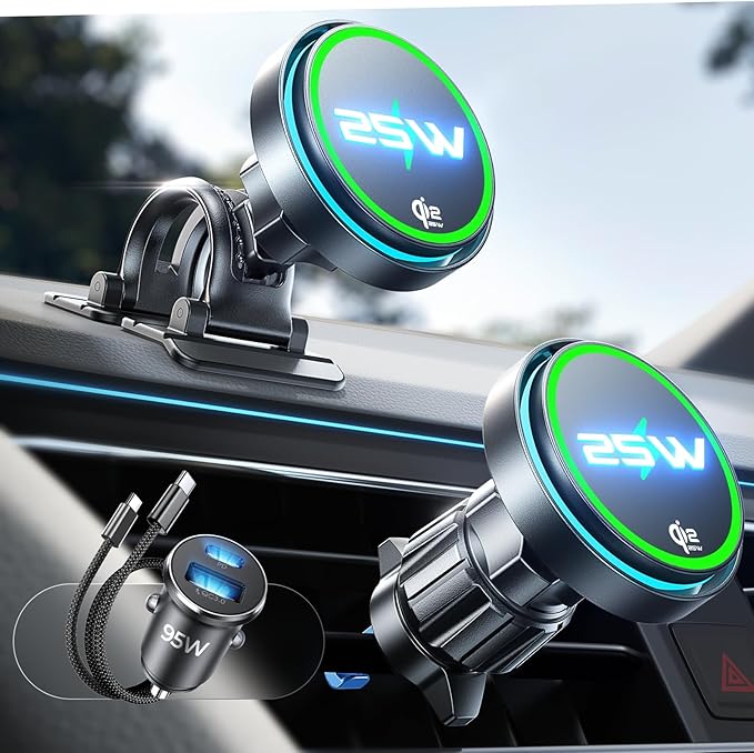LISEN for Qi2.2 25W MagSafe Car Mount Charger，[Top Spec with Cooling Fan＆95W Fast Adapter] Wireless Car Charger 25W Galaxy S26 Ultra Car Charger Fast Charging for iPhone 17 Pro Max Air 16-12 Series