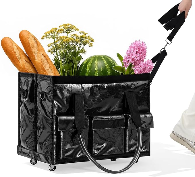 tobyto Reusable Grocery Bag on Wheels, 105L Foldable Rolling Tote, Shopping Trolley 66LBS Capacity - Water-Resistant for Laun