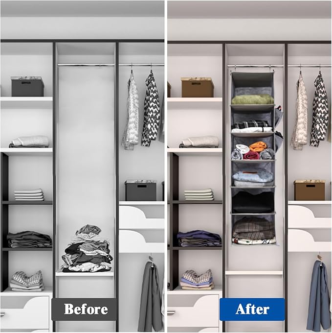2 Packs Hanging Closet Organizer, 6-Shelf Closet Organizers and Storage with Side Pockets, Collapsible Hanging Shelves for Cl