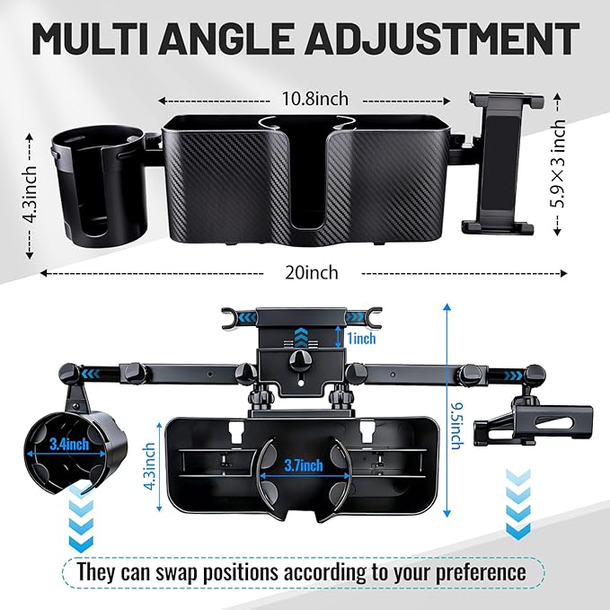 3-in-1 Car Back Seat Organizer Headrest Mount - Adjustable Storage Box with Cup Holder & Tablet Phone Holder for 5-13 Inch Devices, Fits Headrest Posts 0.6in Diameter & 4.2-5.7in Spacing