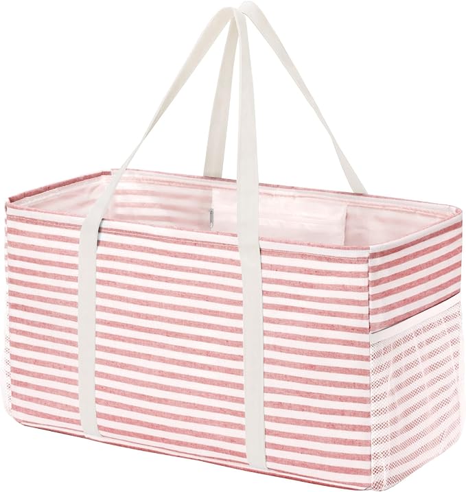 Lifewit Extra Large Tote Bag, Reusable Grocery Bags with Metal Wire Frame and Handles, Standing Utility Foldable Shopping Bags for Storage, Picnics, Beach, Laundry, Car, 46L, 1 Pack, Pink