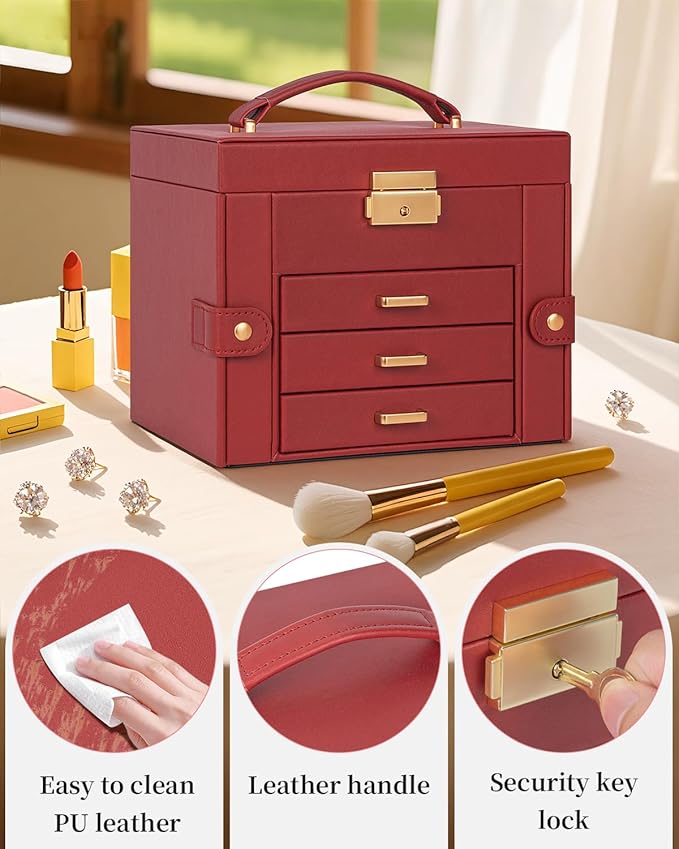 TORIBIO Jewelry Box for Women, Leather Jewelry Organizer with Mirror & Lock, 4-Tier Jewelry Storage Organizer with 3 Drawers 