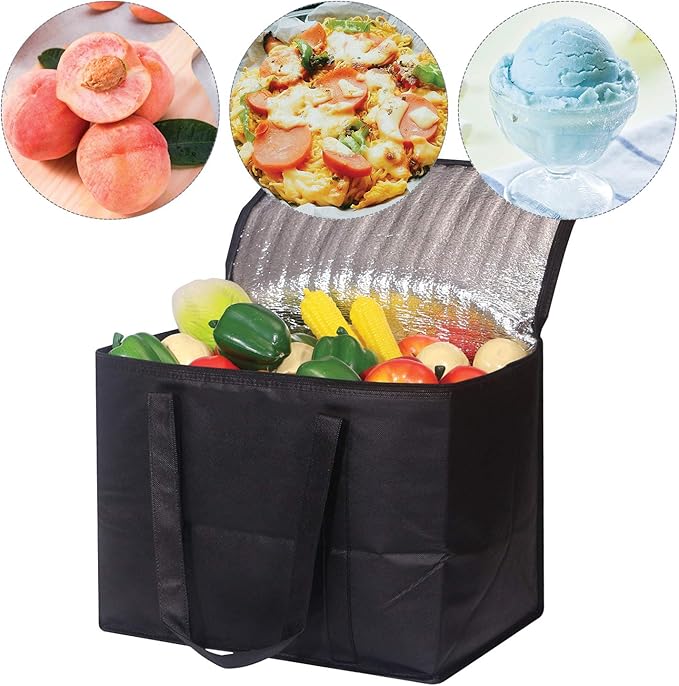 Set of 8 Large Insulated Reusable Grocery Bags with Sturdy Zipper and Handles, Foldable Washable Heavy Duty Cooler Totes for Hot or Cold Food Delivery, Groceries, Travel, Shopping
