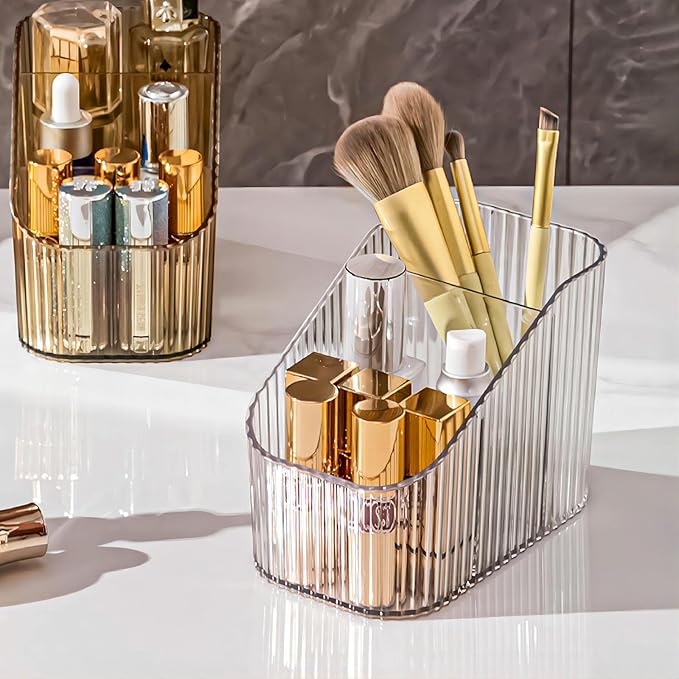 DASITON Large Capacity Makeup Brush Holder,3 Slot Makeup Brush Cup,Vintage striped Make Up Brush Holder,for Vanity Decor,Bath