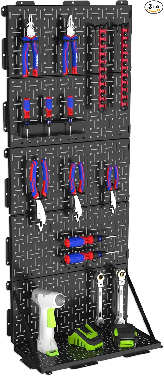 WORKPRO 16”x 16” Metal Peg Board, Foldable Black Pegboard for Wall Organization, Steel Panel with Round Holes & Vertical Slot