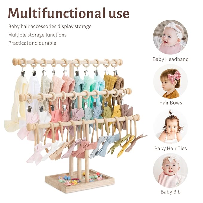 POVETIRE Headband Holder Stand Storage for Baby, 3 Tier Wooden Bow Organizer for Girls Hair Bows, Infant Hair Accessories Rac