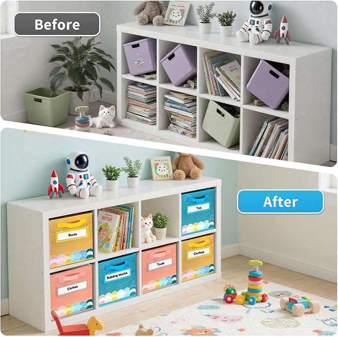 Cube Storage Bins, 3 Pack 11 Inch Fabric Storage Bins with Handle and Label Window, Foldable Storage Cubes, Colorful Fabric B