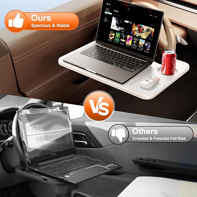 Angle Adjustable Car Steering Wheel Desk,3 in 1 Car Steering Wheel Tray,Car Laptop Mount | Car Reading Stand | Car Food Tray with Drinks Holder, Multipurpose Travel Car Accessories-White