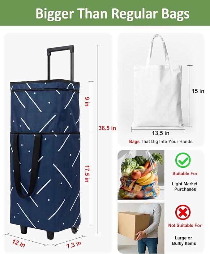 Foldable Rolling Bag, Portable Small Shopping Cart with Wheels, Collapsible Shopping Tote with Stylish Pattern for Market & Grocery Runs–Gift for Women & Seniors, Pro L, Green