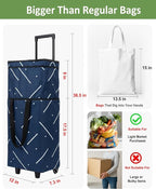 Foldable Rolling Bag, Portable Small Shopping Cart with Wheels, Collapsible Shopping Tote with Stylish Pattern for Market & Grocery Runs–Gift for Women & Seniors, Pro L, greengrid