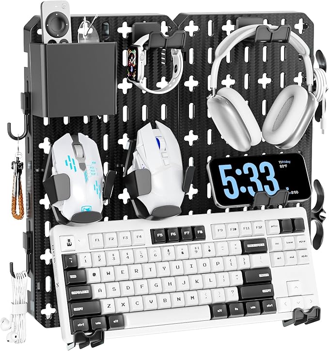 KDD Keyboard and Mouse Display Stand Holder, Wall Mount Office Organization Pegboard Combination Kit with Pen holder, Hooks, 