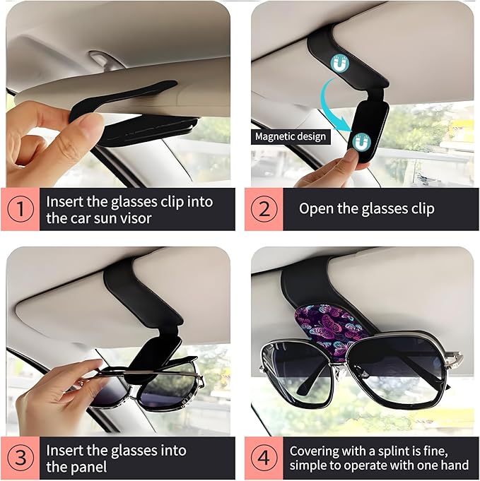 Sunglasses Holder for Car Visor, PU Leather Glasses Clip Organizer, Cute Magnetic Eyeglass Holder for Vehicle Sun Visor, Car Interior Accessory for Women & Men Neon Purple Butterflies