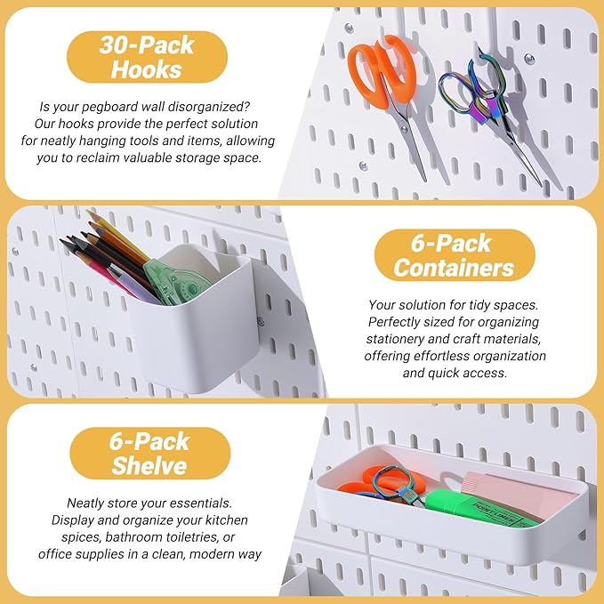 6-Pack PegBoard Wall Organizer, 11"X11" PegBoard, Include 48 Pcs Peg Board Accessories, Multi-Surface Storage Solution For Ro