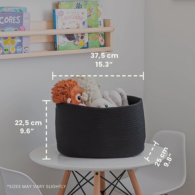 OrganiHaus Cotton Rope Basket for Shelf - Woven Storage Basket for Organizing, Closet & Toy Storage - Black - 15x9x10