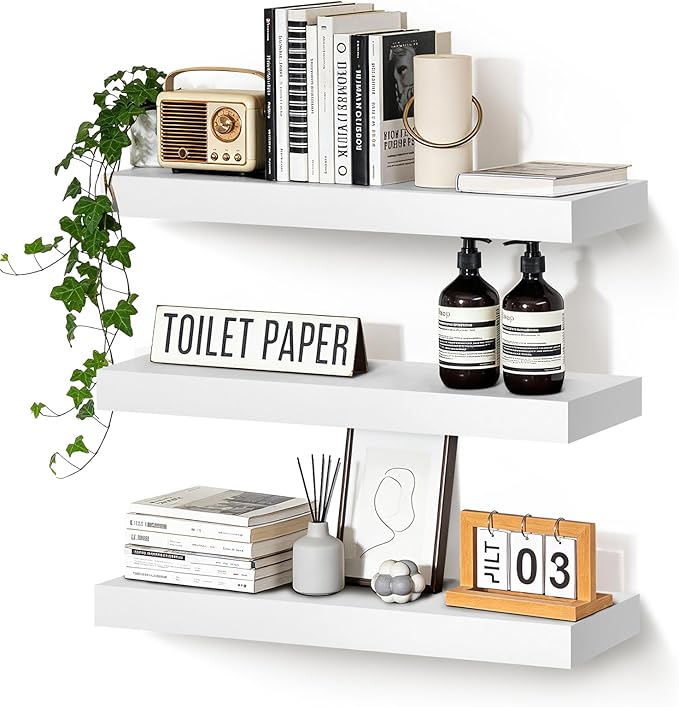 Floating Wall Shelves 24x6.8x1.7 Inch – Solid Wood Rustic Shelves in White Finish – Wall Mounted Display Shelf for Bathroom, 