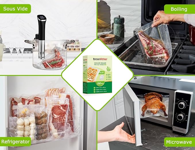 Bonsenkitchen Vacuum Sealer Bags, 20 Gallon 11" x 16"+ 80 Quart 8" x 12"+ 50 Pint 6" x 10", Commercial Grade, BPA Free, Food 