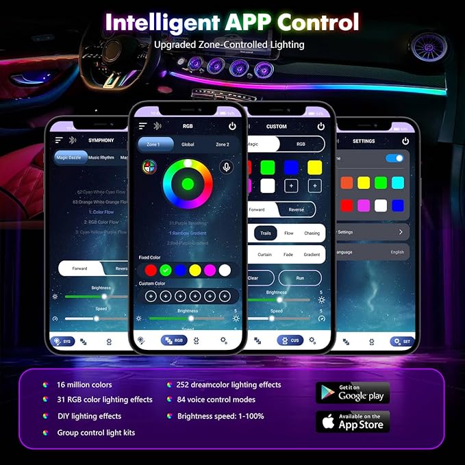 New Version Dreamcolor Acrylic Interior Car Lights 6 in 1 RGB LED Strip Lights with APP Control 252 Color Modes DIY Fiber Optic Ambient Lighting Kits Music Car Neon Light Kits
