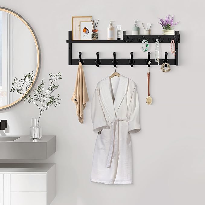 Coat Rack Wall Mount with Shelf, 27.5" Entryway Wall Hanging Shelf, Coat and Key Hanger with 10 Dual Hooks, Mail Organizer an
