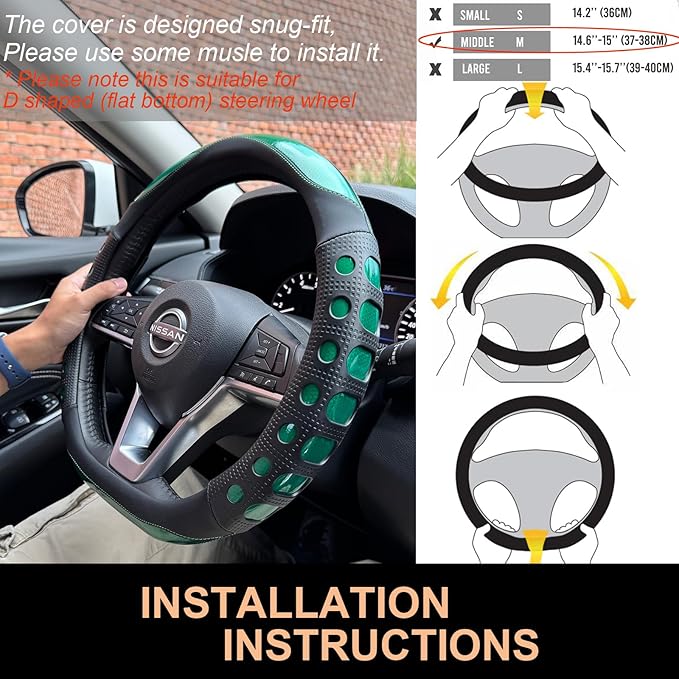 PINCTROT D Shaped Race Grip Steering Wheel Cover, Anti Slip Silicone Perforated Design with Soft Touch Padding, Enhanced Grip for Sporty Driving Flat Bottom 14.5-15 Inch (Racing Green)