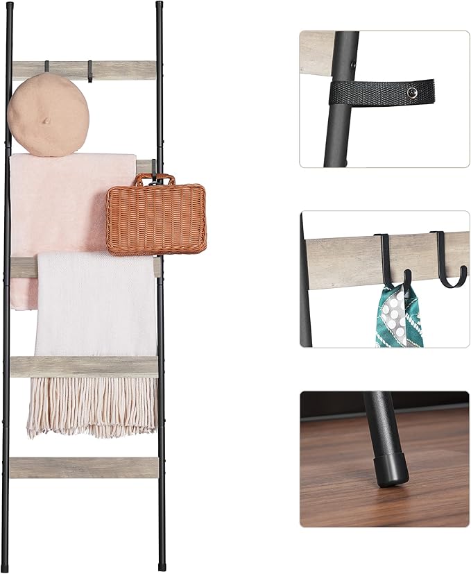 ELYKEN Blanket Ladder for Living Room, Farmhouse 5-Tier Quilt Holder with 4 Removable Hooks for Bathroom, Wood Towel Rack Dis