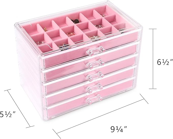 Frebeauty Acrylic Jewelry Organizer Earring Organizer Box with 5 Drawers Earring Holder Organizer with Velvet Trays Clear Jew