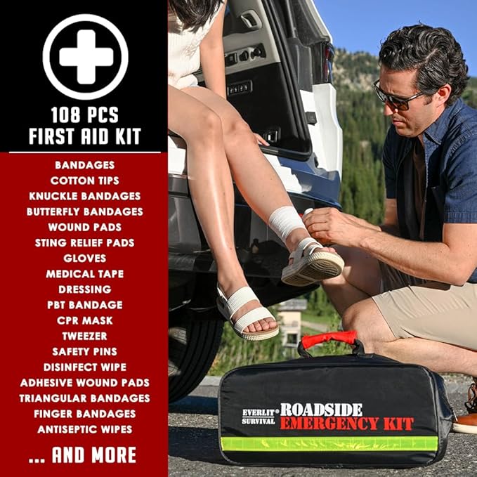 Everlit Survival Car Emergency Kit, Roadside Safety Tool Kit with Gloves,Digital Auto Air Compressor Tire Inflator, First Aid