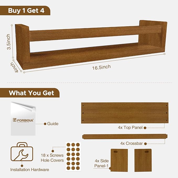 Forbena Walnut Brown Nursery Bookshelf Wall Mounted, Wooden Floating Book Shelves for Wall, Nursery Hanging Bookshelves for B