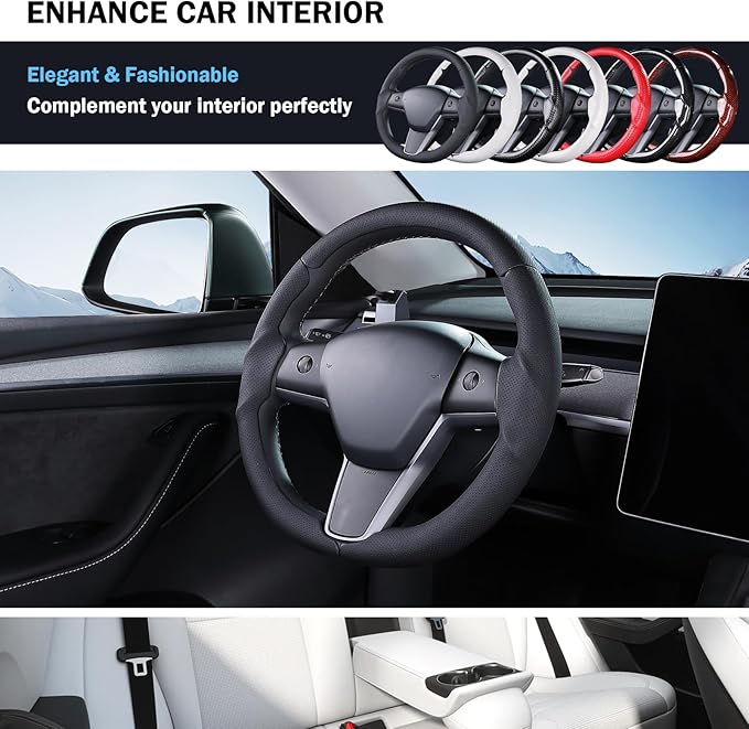 Steering Wheel Cover for Tesla Model 3 (2017-2023) / Model Y (2020-2024),Anti-Slip,Comfortable Grip, Breathable,Customized for Tesla Model 3/Y Accessories,Nappa Black