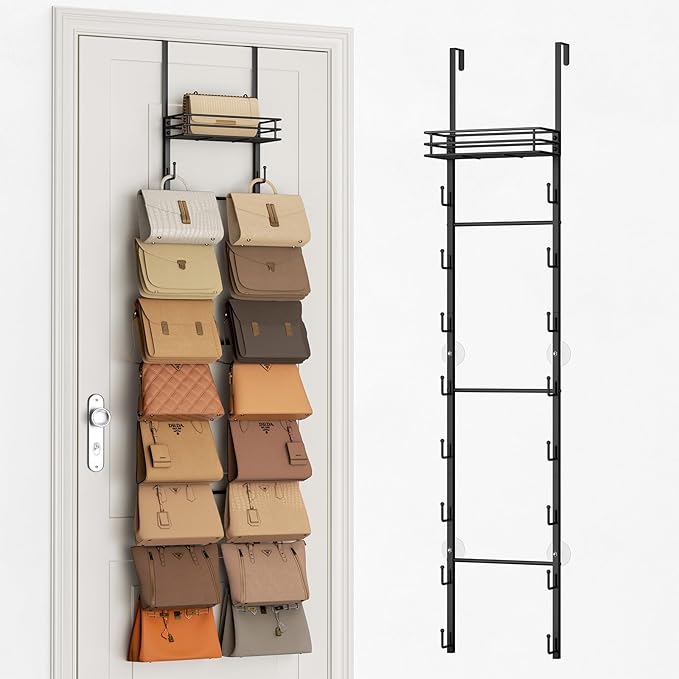SWTYMIKI Over The Door Purse Organizer - Wall Mounted Handbag Organizer with 16 Hooks and Metal Basket, Hanging Purse Storage