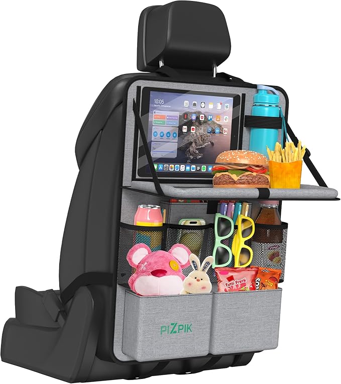 Car Backseat Organizer with Tablet Holder,11 Storage Pockets with Foldable Food Tray, Protector Kick Mats for Kids, Travel Accessories Organizer (Gray, 1Pack with Food Tray)