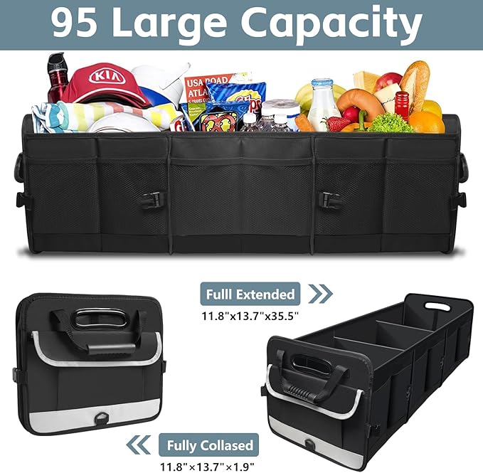 Car Trunk Organizer,Heavy Duty Collapsible 95 L Capacity Car Trunk Storage Organizer,Multi-Compartment Pockets, Adjustable Stra