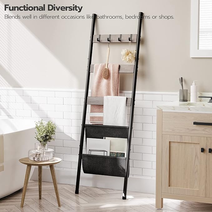 HOOBRO Blanket Ladder, 5 Tier Towel Rack, 17.3" L x 63" H, Wall-Leaning Blanket Rack for Living Room, Decorative Ladder with 