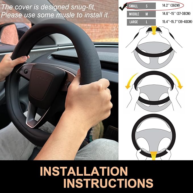 PINCTROT Nappa Leather Steering Wheel Cover for Tesla Model Y/3 Highland/Juniper, D Shaped 14 Inch Small Sized with Breathabl