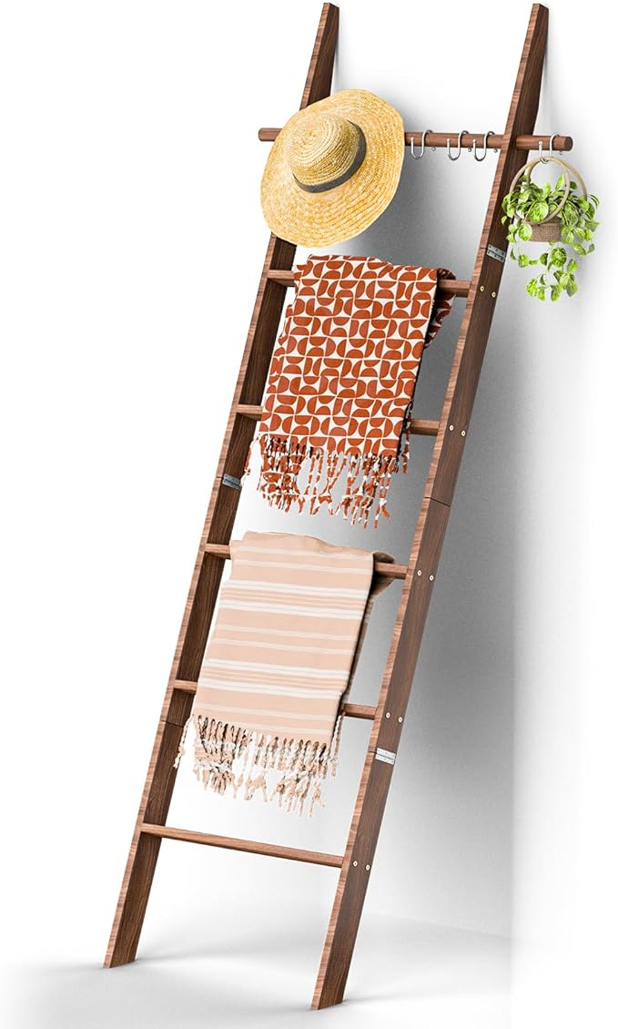 Farmhouse Wooden Blanket Ladder with Removable Hooks, 6-Tier Rustic Blanket Rack Decorative Stand, Leaning Towel Quilt Rack H