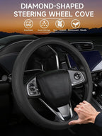 Cxtiy Genuine Leather Steering Wheel Cover, Premium Black Soft Perforated Breathable, Fits 15.5-16 Inch Wheels