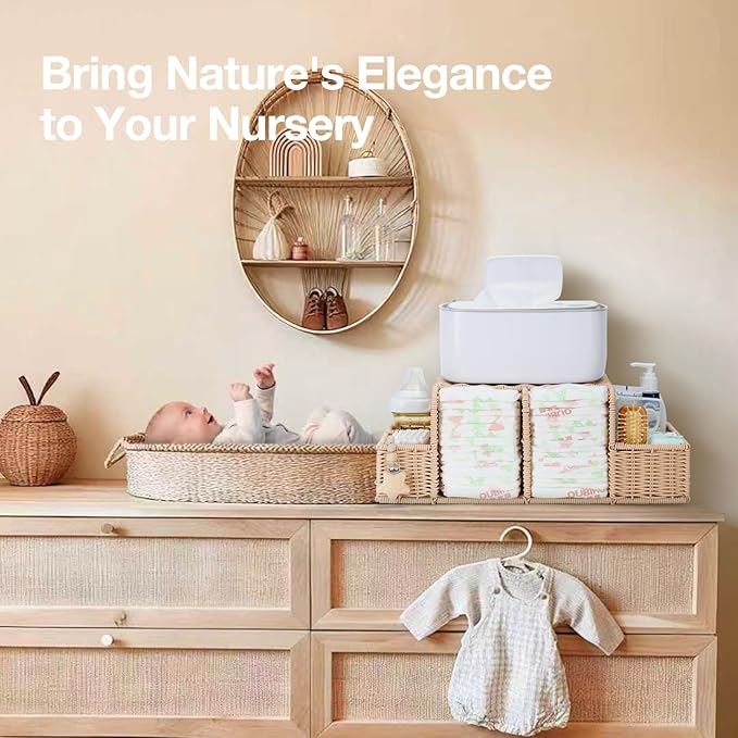 Diaper Caddy Organizer, Hand Rattan Nursery Storage Basket for Baby Essentials, Baby Changing Table Organizer Perfect Nursery