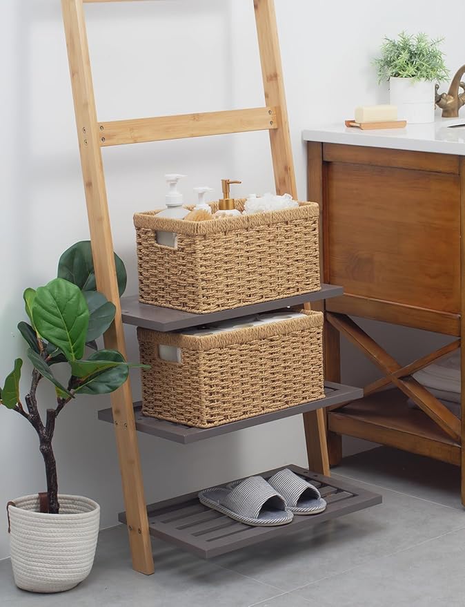 StorageWorks Round Paper Rope Storage Baskets, Rectangular Wicker Baskets with Built-in Handles, Medium, 13 ¼ x 8 ½ x 7 ¼ inc