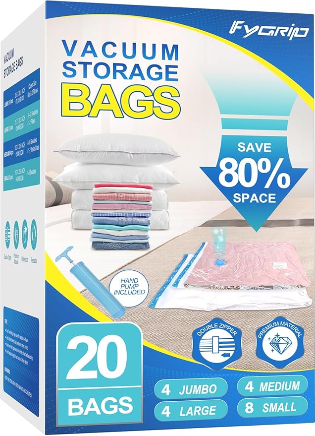 Fygrip Vacuum Storage Bags with Hand Pump, Plastic Packaging Bags, 80% Space Saver Vacuum Seal Bags for Clothing, Travel Lugg