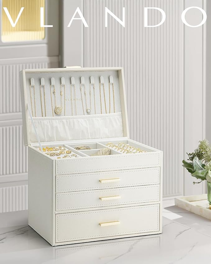 Vlando 4 Layer Large Jewelry Box - Jewelry Holder Organizer, Jewelry Box Organizer for Drawer Necklace Ring Bracelet and Watc