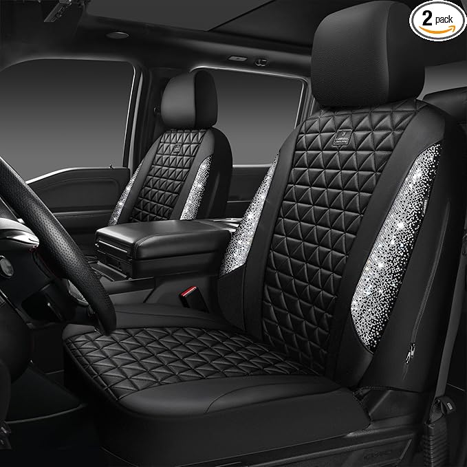 CAR PASS Bling Diamond Leather Car Seat Covers for 2 Front Interior Sets, Waterproof Shining Glitter Sparkly Crystal Universa