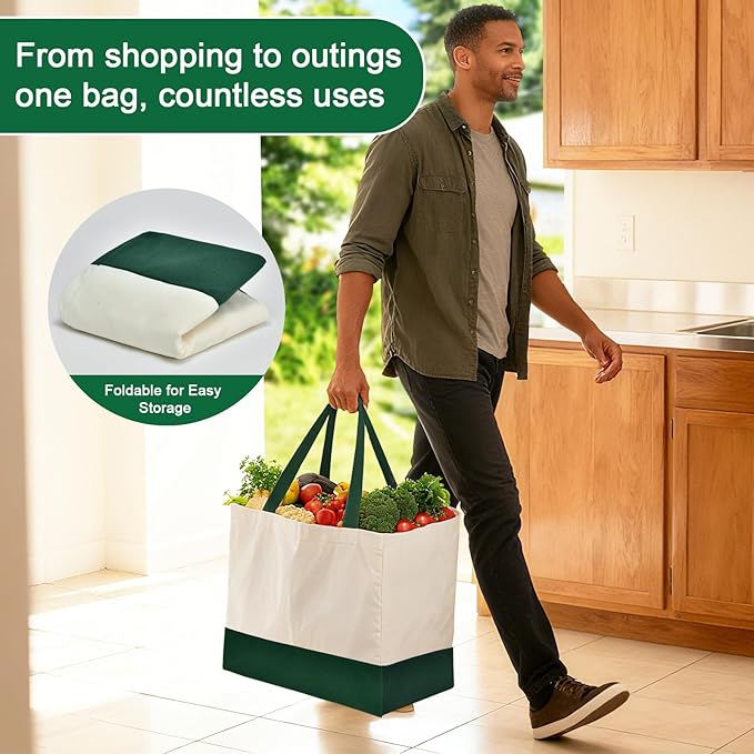 Reusable Grocery Bags Heavy Duty, 8.3 gal Foldable Large Canvas Tote Bag with Handles, Holds 60 lbs Canvas Shopping Bags, 1 Pack（Retro Green）