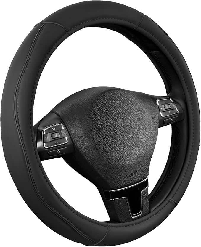 Road Comforts Leather Steering Wheel Cover with Decorative Trim and Piping, Anti-Slip Breathable Design, Fits 14.5–15 Inch Ro