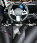 Custom-Fit for Kia Steering Wheel Cover, Genuine Leather Steering Wheel Cover, Non-Slip, Breathable, for Kia Accessories (Black (red Blue line), for Kia)