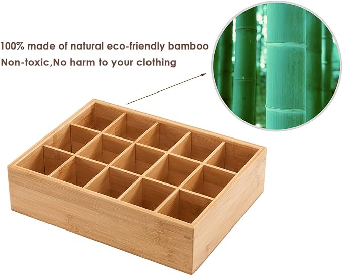 GOBAM Bamboo Closet Drawer Divider - Storage Organizer with 15 Compartments, Drawer Organizer, Storage Box for Belts, Ties, B