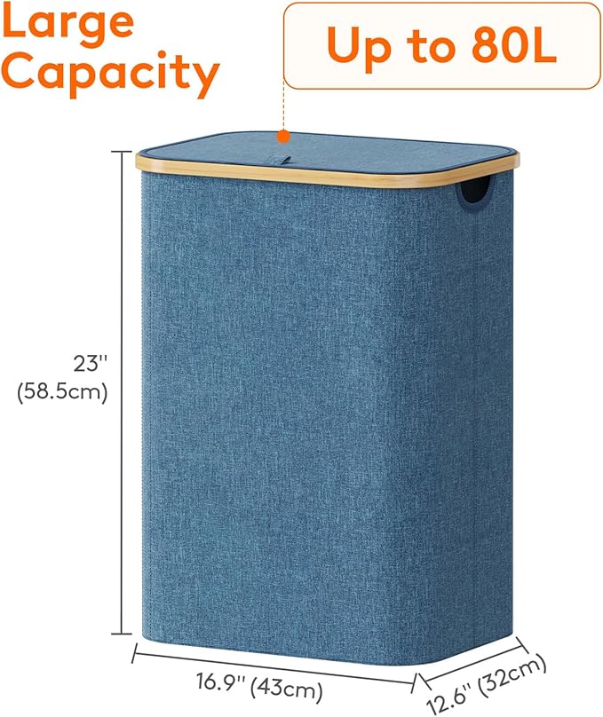 Lifewit 80L Laundry Basket with Lid, Clothes Hampers for Laundry with Bamboo Handles and 1 Removable Bag, Large Foldable Laun
