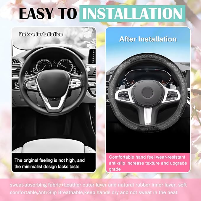 SuperKaKa Gray and Black Car Steering Wheel Cover 2025, Universal Auto PU Cute Breathable Slip-Proof Comfort Imitation Leathe