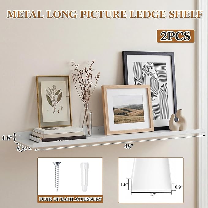 Pinkunn 2 Pack 48 Inch Metal Floating Picture Ledge Shelves, Wall Mounted Picture Shelf with Lip Heavy Duty Industrial Iron D
